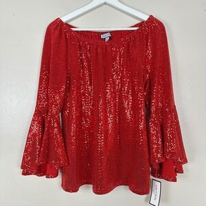 Sam and Jess Women's M Knit Top Red Sequin Off-Shoulder Bell Sleeve TA93861161AN